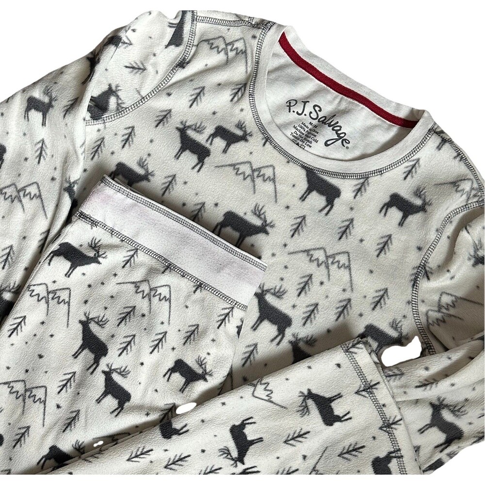 PJ Salvage Fleece Top Pajamas White Moose Winter Outdoors Long Sleeve Sz M - Picture 2 of 14